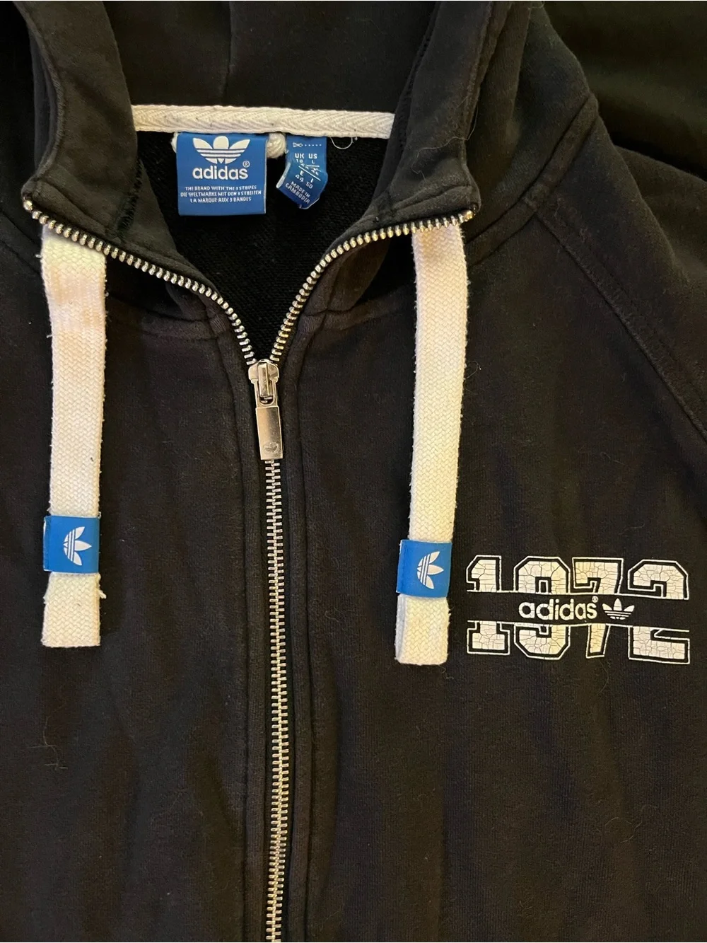 Adidas Originals 1972 Full Zip Hoodie Mens Large Black Graphic Trefoil Sweatshir